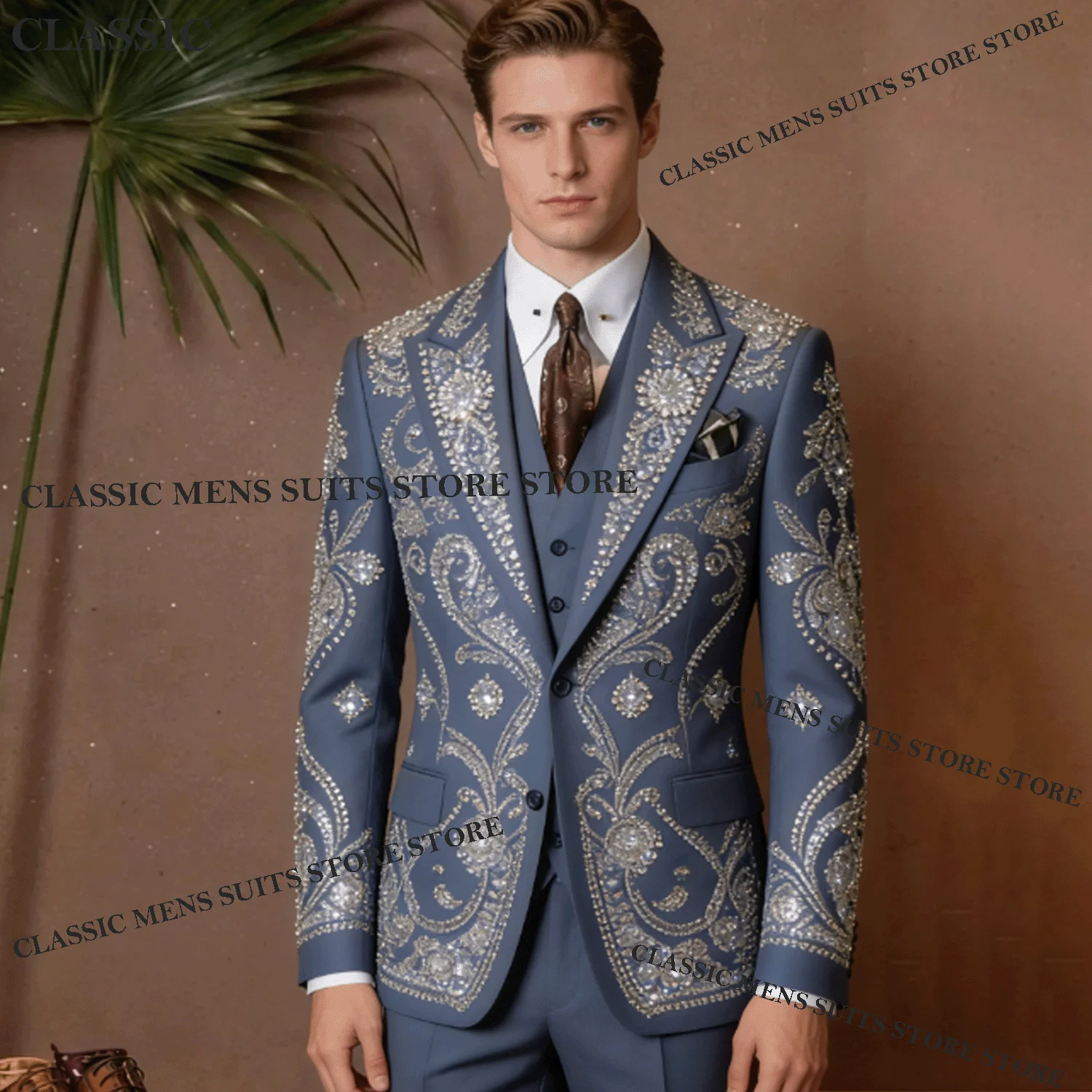 

Customized Formal Rhinestone Men Suits Luxury Crystal Wedding Ropa Blazer 3 Pieces Sets Male Prom Blazer Elegant Groom Tuxedos