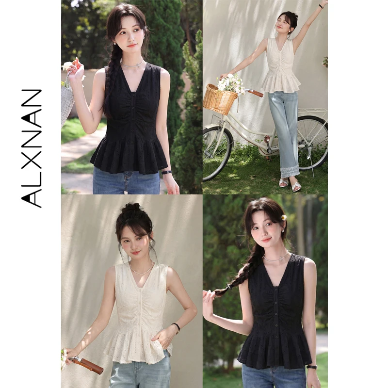 

ALXNAN Women's Tank Top Elegant V-neck Hollow Out Embroidery Ruffle Tanks 2026 Summer Holiday Sleeveless Tops Female L63959A-1