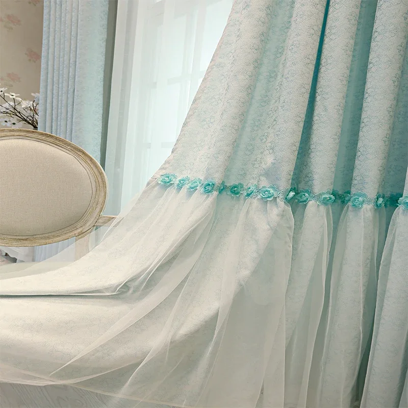 Korean Style Simple Curtains for Living Room Bedroom Girl Heart Princess Bay Window Blackout Stitched Insulation Romantic