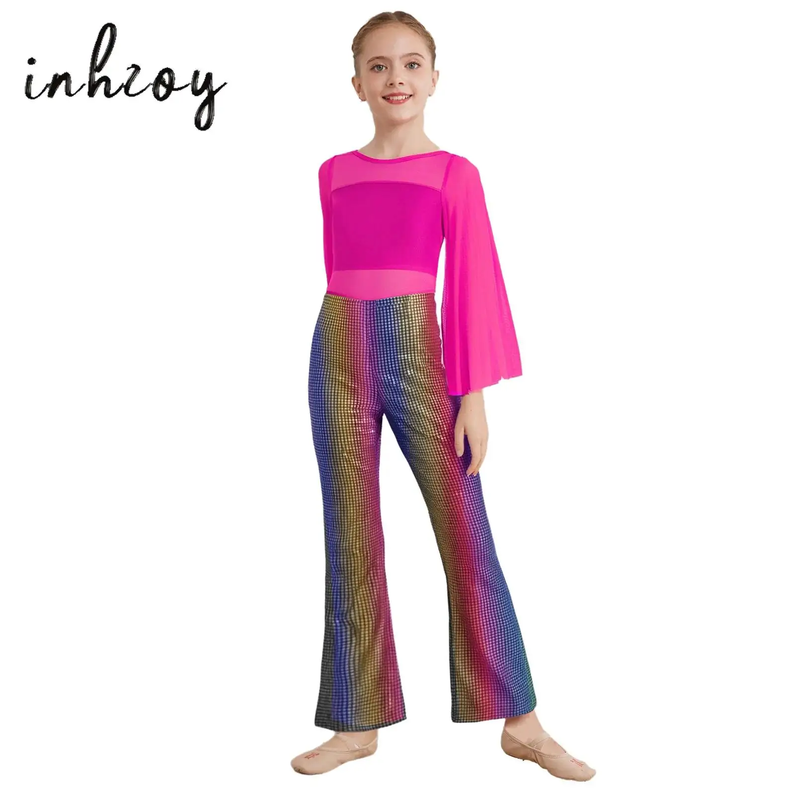 

Kids Girls Jazz 80s Disco Dance Costume Long Flared Sleeves Sheer Mesh Patchwork Metallic Plaid Bell-Bottom Jumpsuit Dancewear