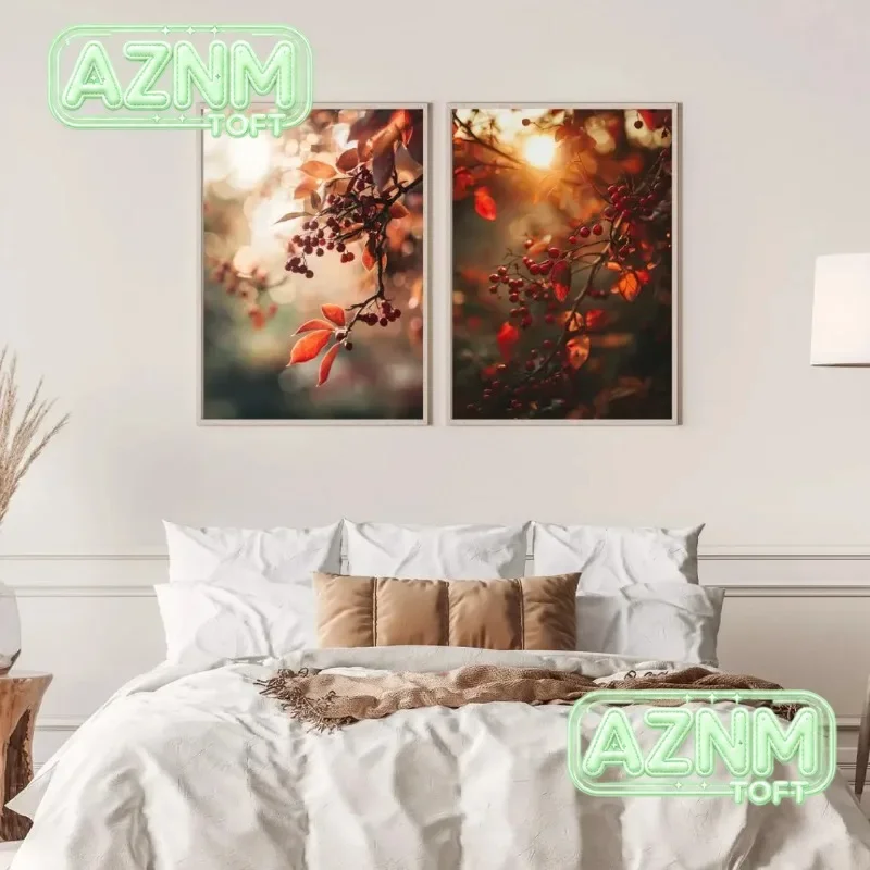 Modern Autumn Natural Scenery Poster Fall Red Berries Leaves Botanical Canvas Painting Wall Art for Living Room Home Decor Mu