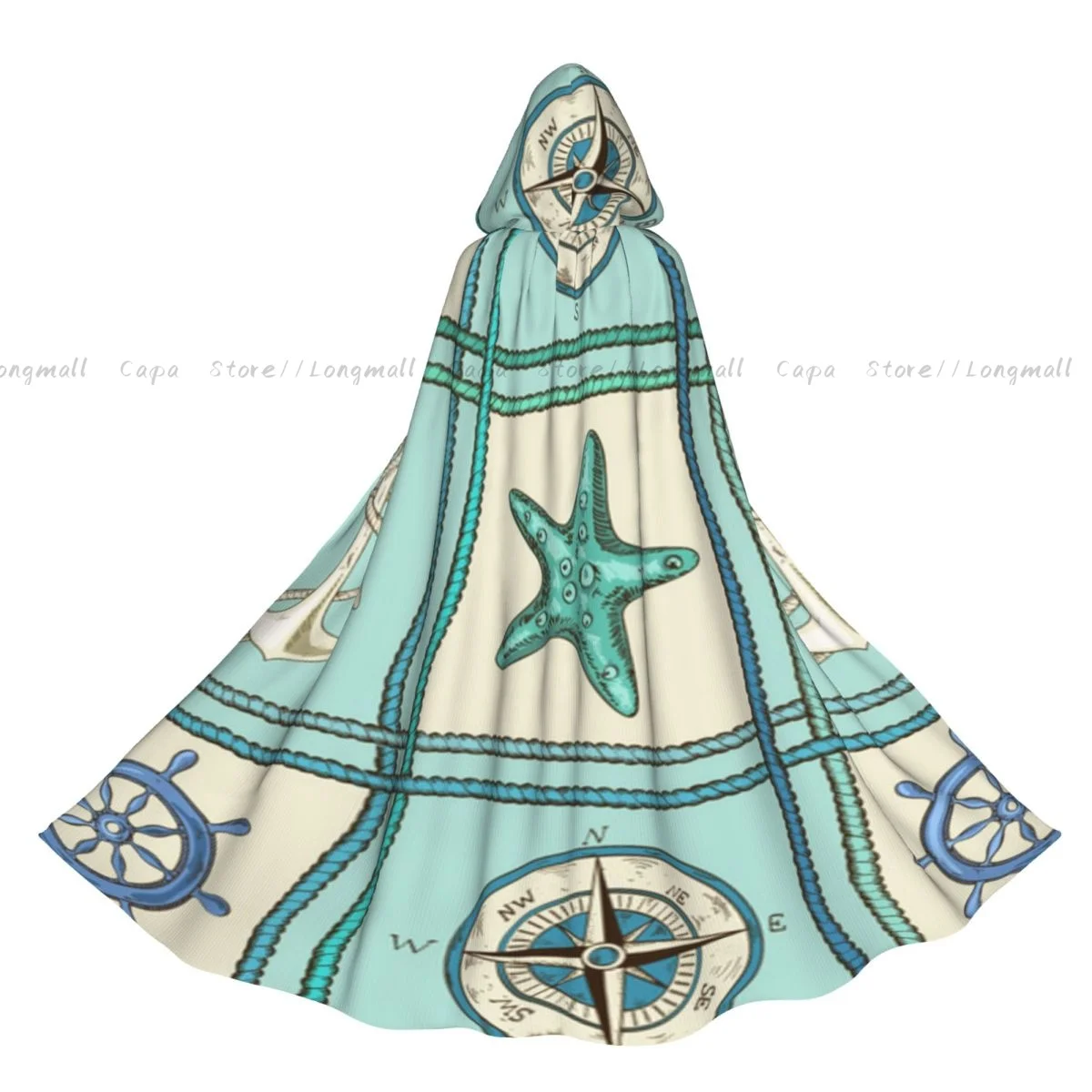 Adult Halloween Nautical Patchwork With Ropes Starfish Wheel Compass Cloak Cape Hooded Medieval Costume Full Length Dress Coat