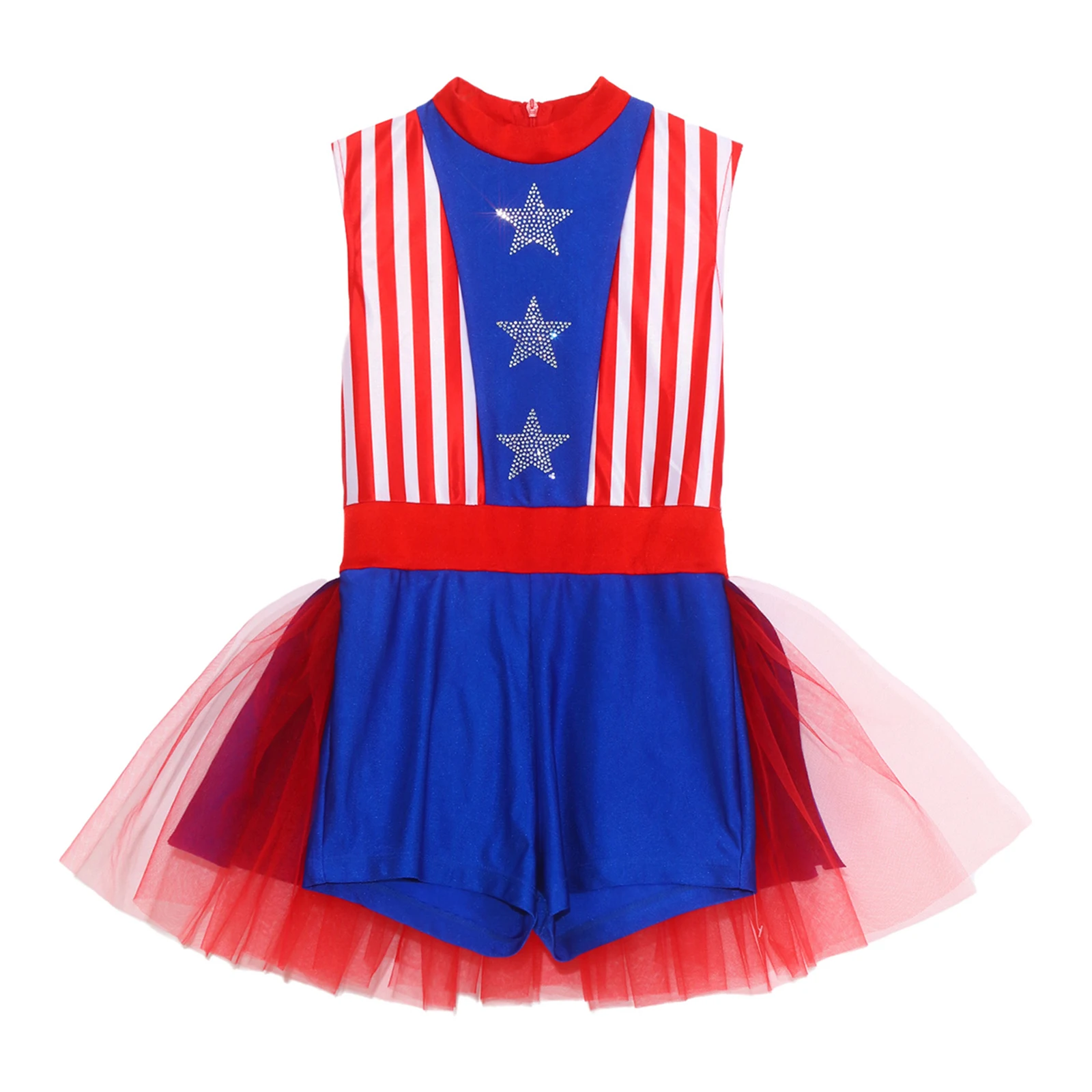Girls Independence Day Festival Costume Rhinestone Stars Striped Color Block Dance Jumpsuit Ballet Tulle Tutu Skirted Leotards - view 4