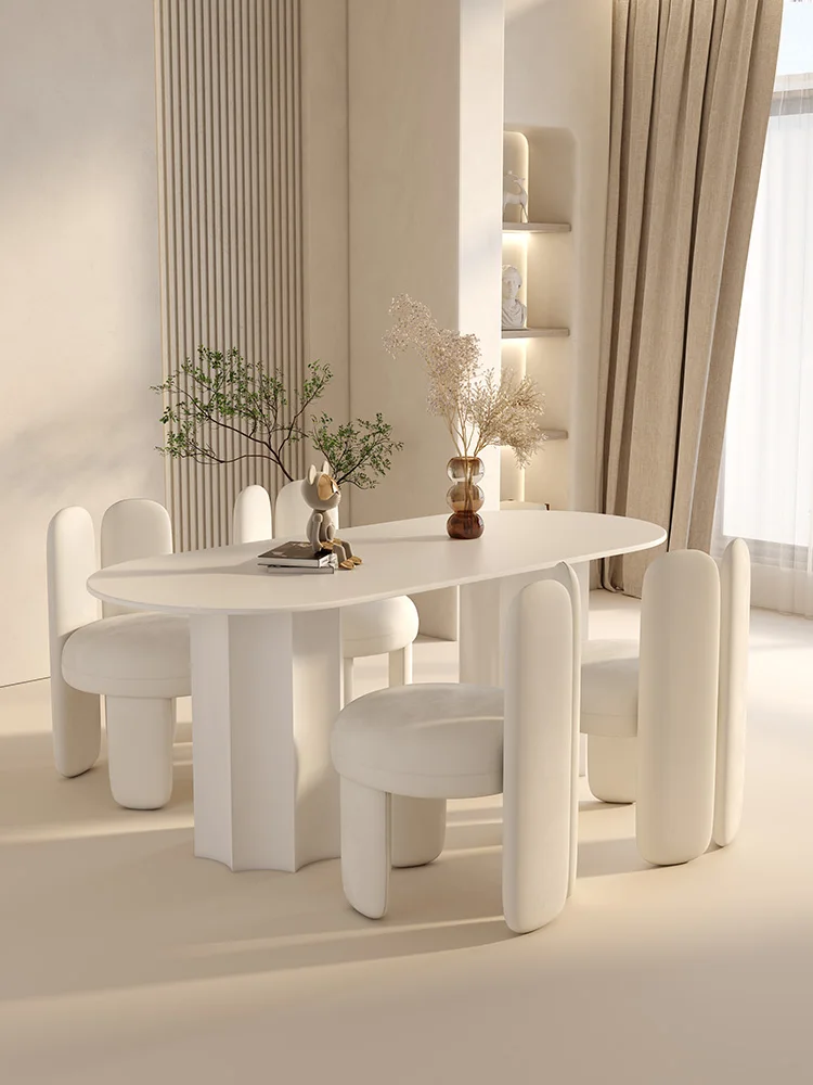 Cream Wind Rock Plate Dining Table Light Luxury Modern Creative New Home Restaurant Oval Dining Table and Chair Combination