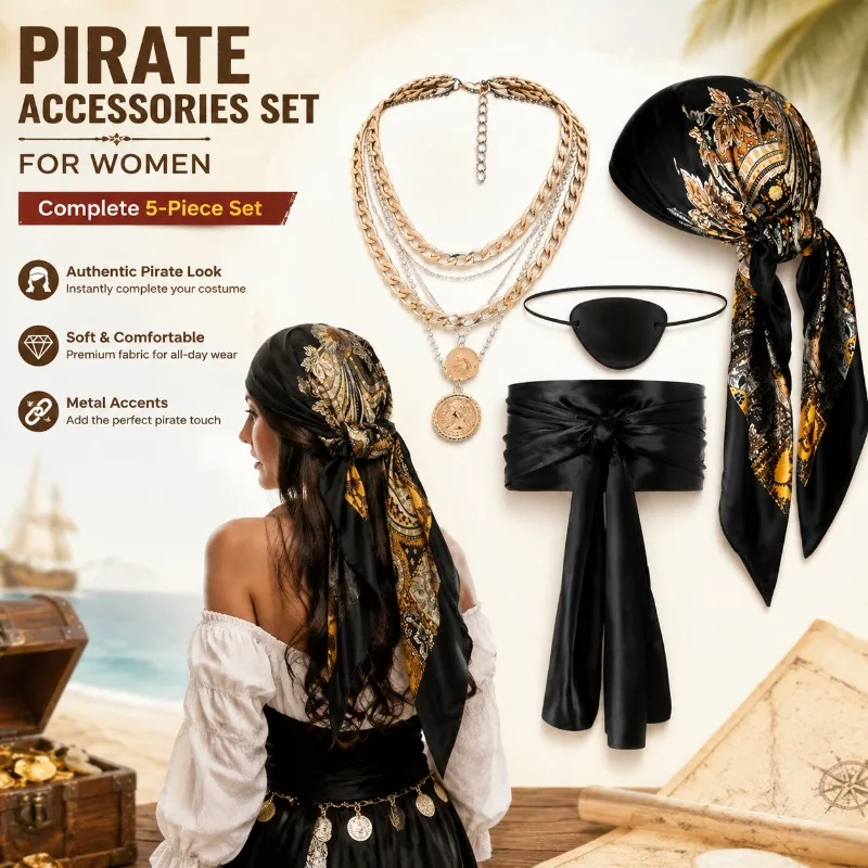 Halloween Masquerade Cosplay Pirate Costume Accessory Set Includes Headscarf Waist Belt Necklace Bracelet Complete Vintage