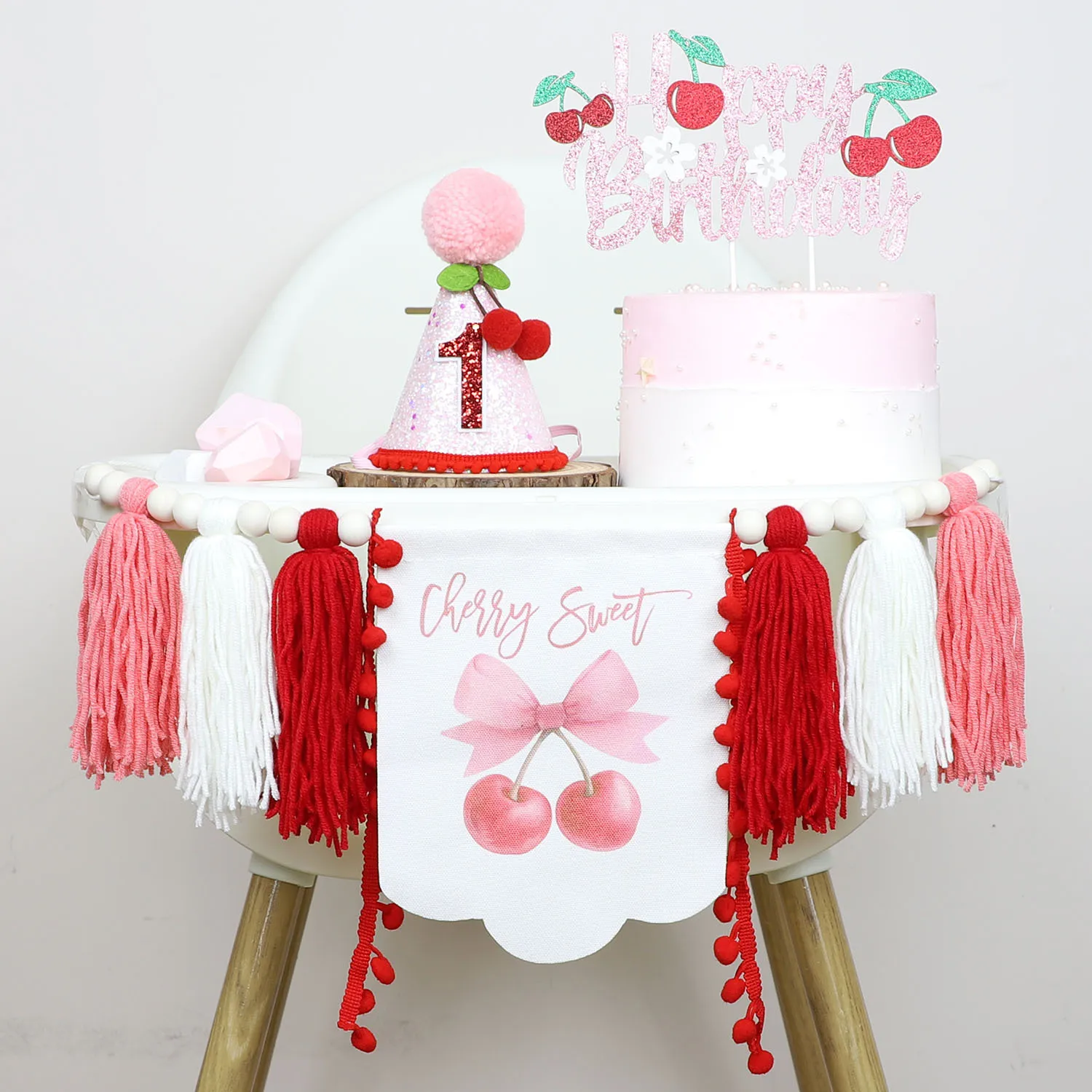 

Cherry Birthday High Chair Banner - Sweet One First Birthday Decorations for Girls Boho Home Wall Decor Christmas Gift