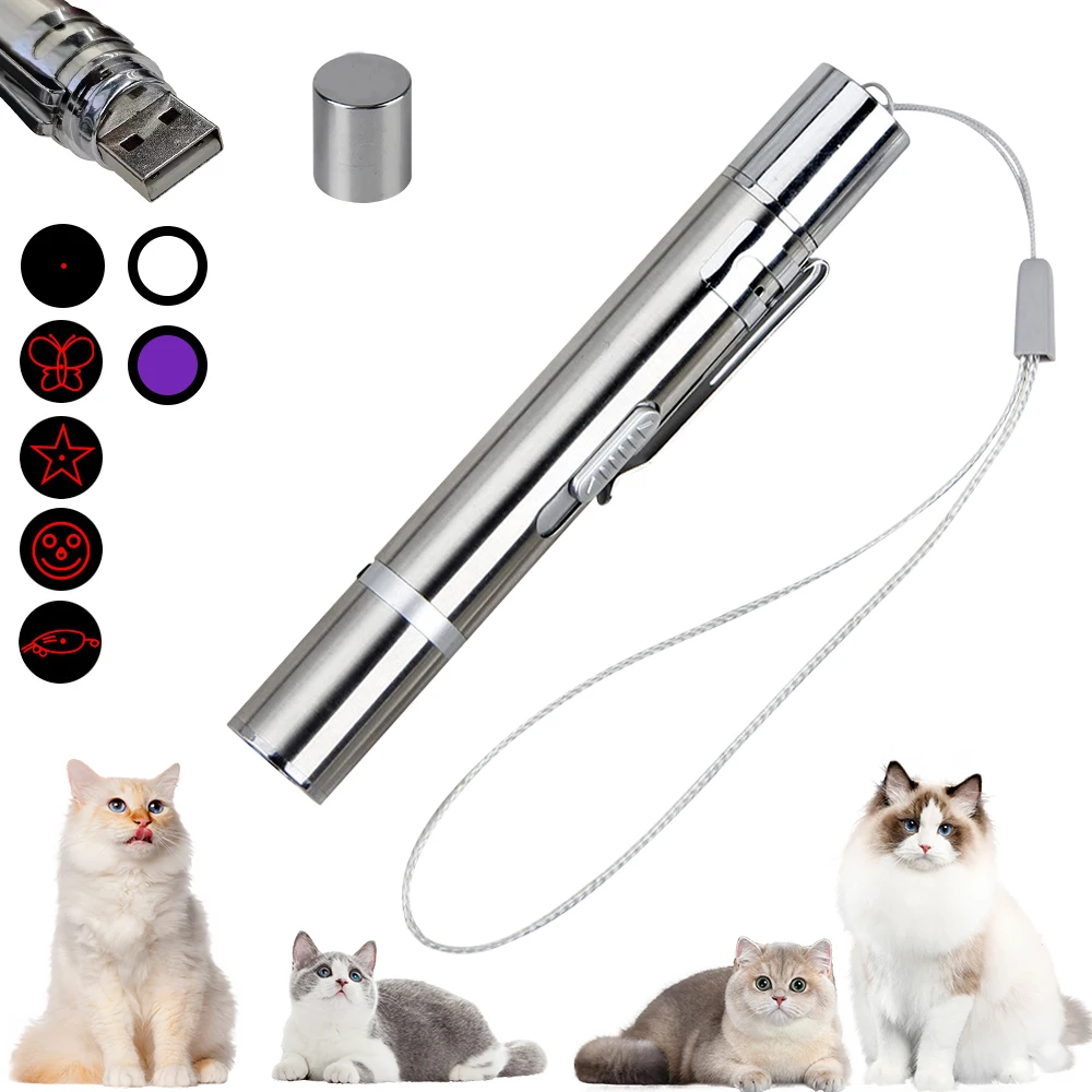 USB Rechargeable 3-in-1 Laser Cat Teaser Stick Red Light + White Torch Light + UV Flashlight Mini Laser Pointer Pen