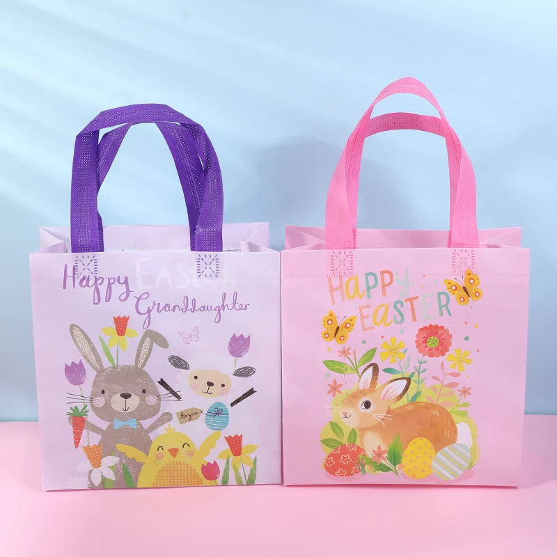 

4pcs Easter Egg Bunny Non-woven Gift Treat Bag With Handles Waterproof Rabbit Candy Packaging Bags Happy Easter Party Decoration