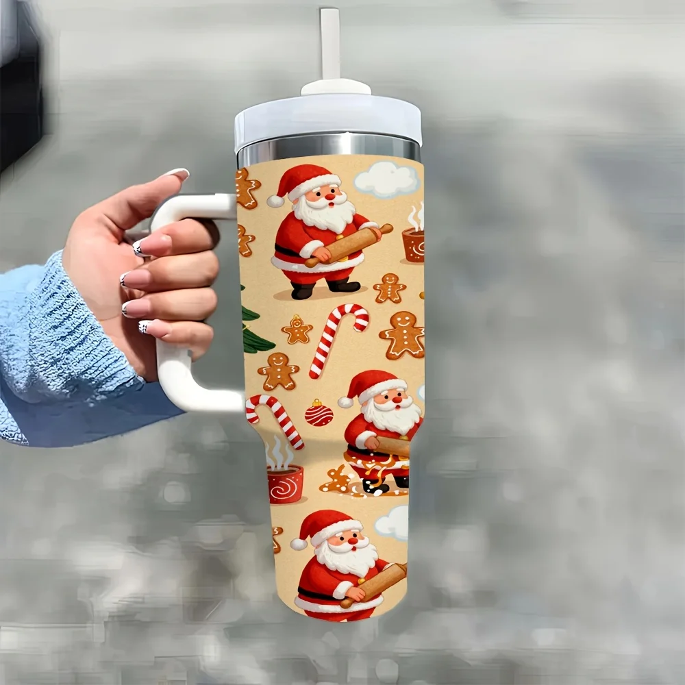 1ps Halloween And Christmas 40Oz Insulated Tumbler with Handle And Straw Lid, Xmas Santa Claus Gingerbread Man Elf Christmas Tree Print Water Bottle, Suitable for Home Office Outdoor Travel Daily Holiday Use
