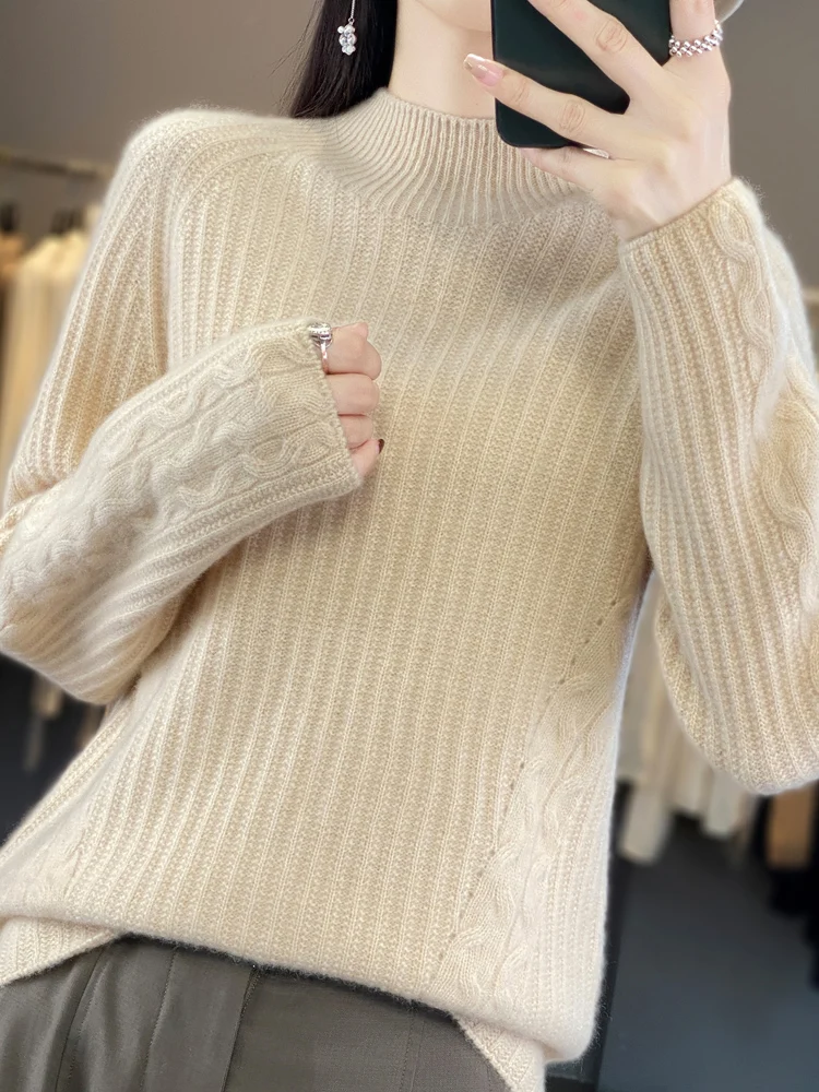 

Women's half high collar wool 100% sweater elegant slim knit cashmere sweater women's long sleeved pullover knitted fabric fash