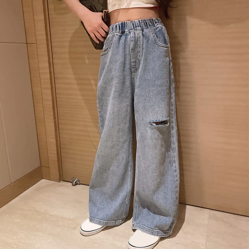 IENENS taille haute jean fille droite ample pantalon à jambes larges printemps et automne coréen Baggy jean mode enfants Denim pantalon