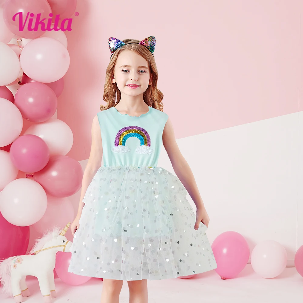 VIKITA Girls Sleeveless Dress Kids Rainbow Sequined Appliqued Summer Dress Girls Casual Daily Blue Mesh Tulle Princess Vestidos