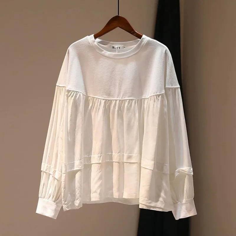 

Новый женский сращенный пуловер с круглым вырезом, модный однотонный свободный и универсальный повседневный топ с длинными рукавами