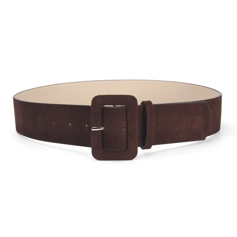 حزام خصر من جلد الغزال بتصميم كلاسيكي بلون سادة وإبزيم دبوس وحزام عريض بتصميم فاخر #5