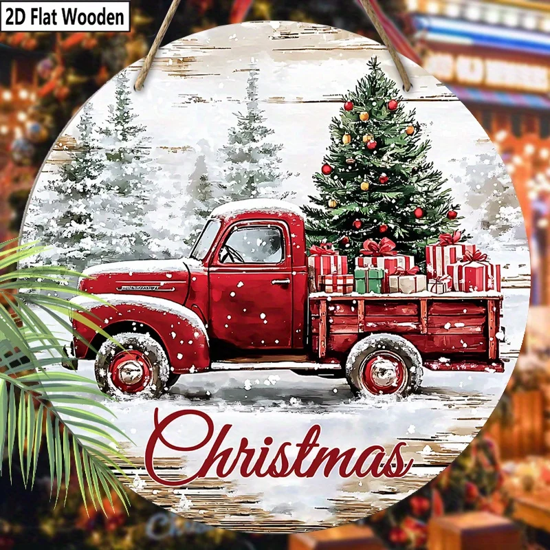 2D Flat, 1pc Christmas Round Wooden Hanging Ornament - Red Truck with Presents & Snowy Evergreen Tree Design, Rustic Farmhouse H