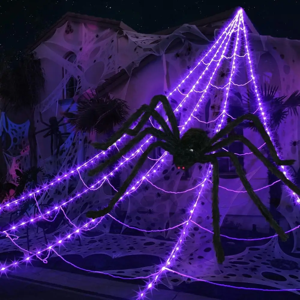 

Halloween Decorations 8 Modes Halloween Spider Web Lights Waterproof Glow LED Spider Net Hanging Big Scary Giant Spider Party