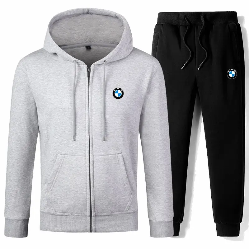 

BMW hooded zipper sweatshirt set men's slim fit solid color two-piece set jacket sweatpants