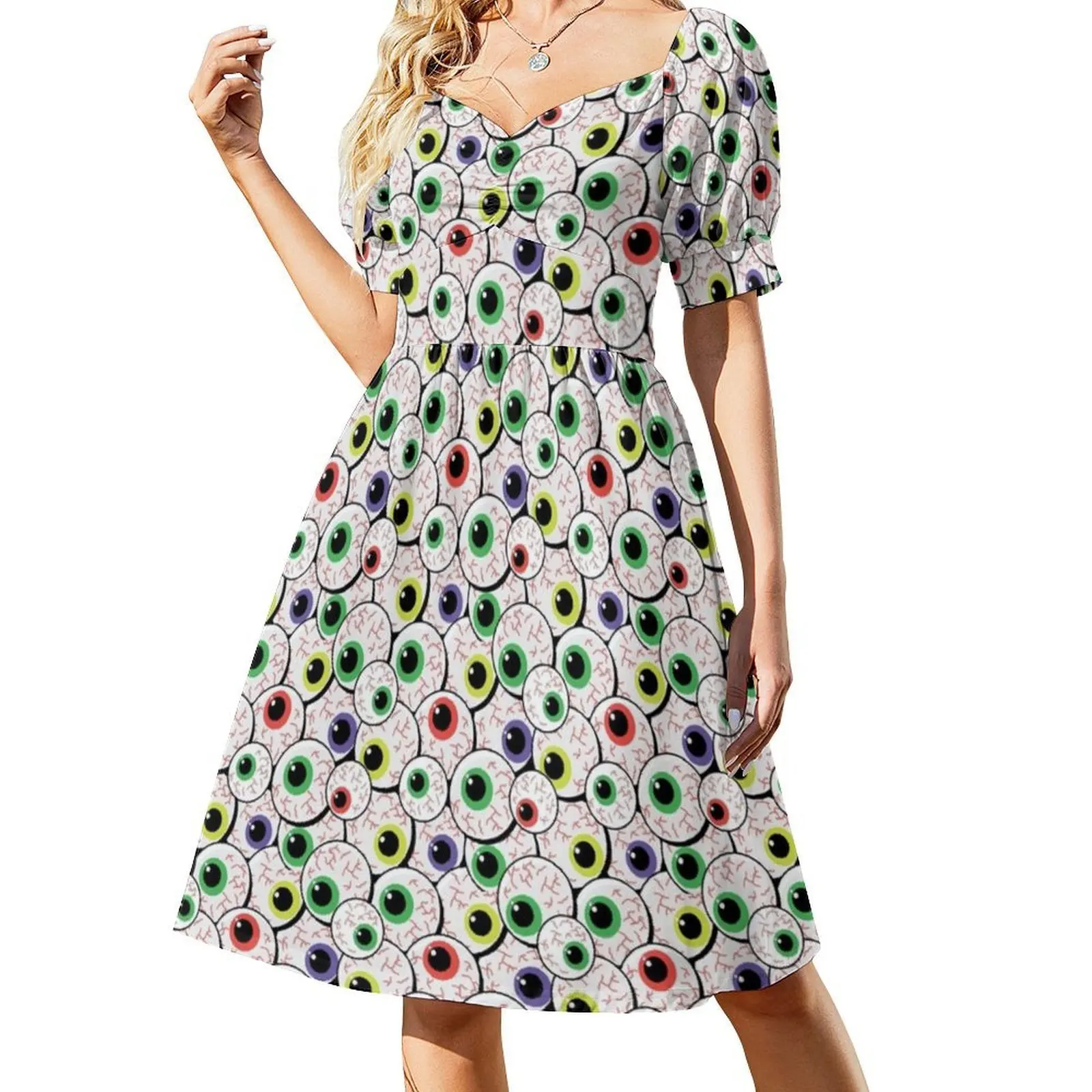 Eyes With Red Vessels Halloween Seamless Pattern Vector Floral Smock Dress For Women Spring Summer Casual Dress For Party Eyes