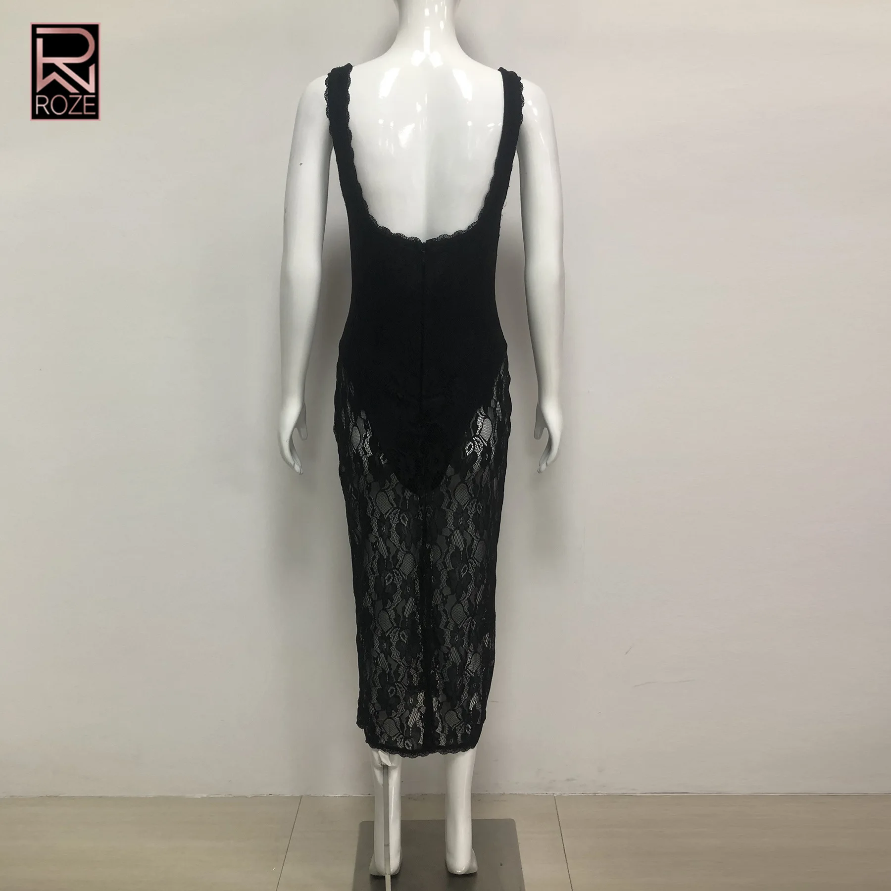 ROZE 2026 Trendiges schwarzes Spitzen-Cami-Midikleid mit V-Ausschnitt – schmal geschnittenes Damen-Party-/Datumsabendkleid für besondere Anlässe