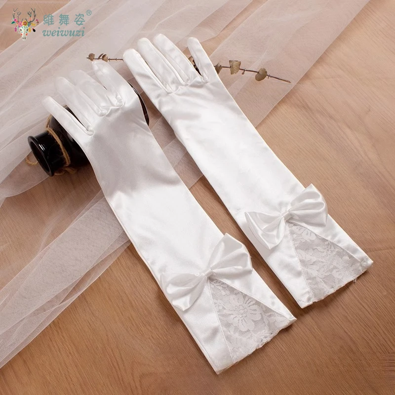 

Элегантные кружевные атласные перчатки невесты с 3D аппликацией до локтя, свадебные перчатки, реквизит для фотосессии, аксессуары для свадебного платья