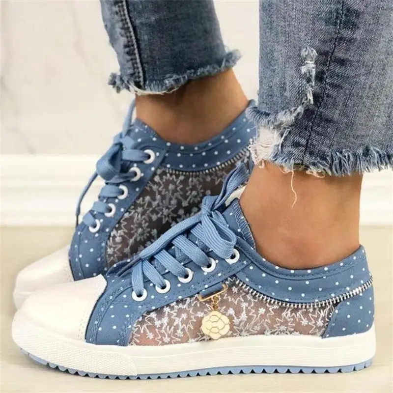 

Miaoguan Ladies Denim Polka Dot Stitching Lace Flat Bottom Round Toe Sports Casual Trend Fashion Woman Shoes Women Summer 2024