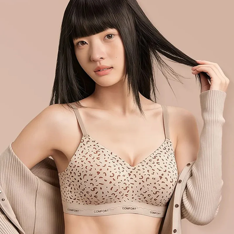 Women Sexy Hot Leopard Print Bow Lingeries Bra Retro Grid Dot Pattern Push Up Wireless Seamless Underwear Ultra Comfortable Gift