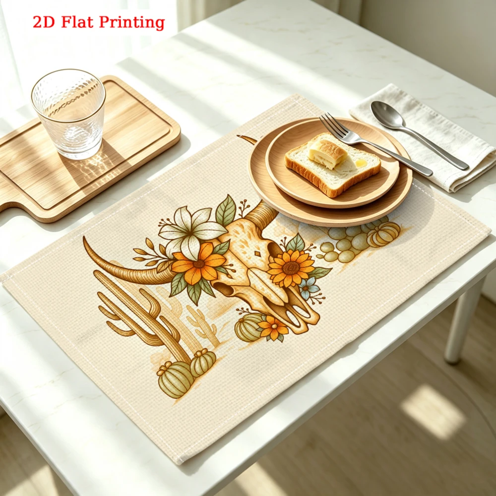 Floral Skull Cactus Kitchen Placemat Floral Skull Cactus Linen Pad Dish Coffee Cup Table Mat 1PC 30x40cm