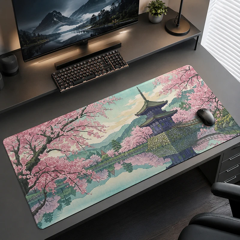 Cherry Blossom Bridge Pagoda Mouse Pad Gaming XL New Computer Custom Mousepad XXL Mouse Mat keyboard pad Soft Laptop Table Mat
