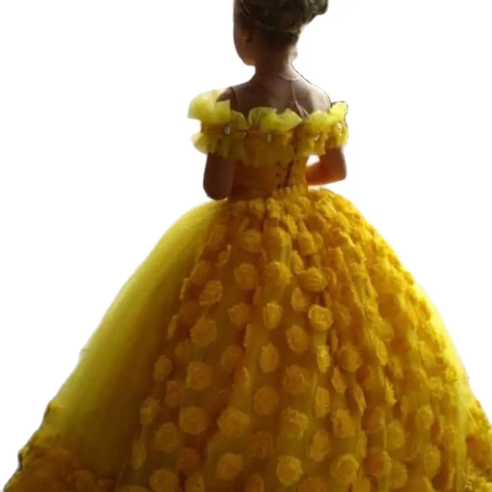 

Yellow 3D Flower Girls Dresses Jewel Neck Crystal Puffy Skirt Toddler Birthday Party Gown Little Girl Pageant Dress