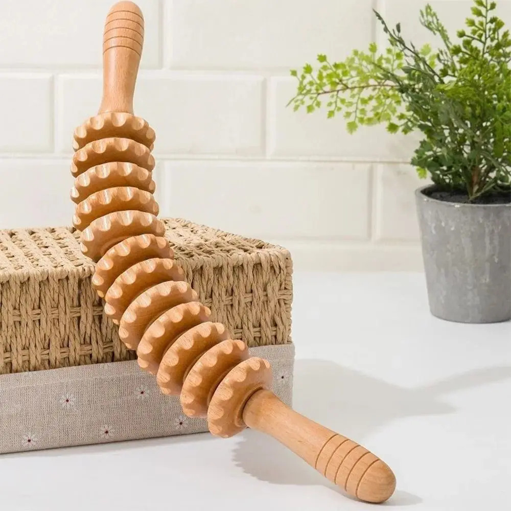 

12 Rollers Curved Massage Stick Multi-Functional Wood Grooved Gear Wooden Massage Roller Anti-slip Handle Massage Tool