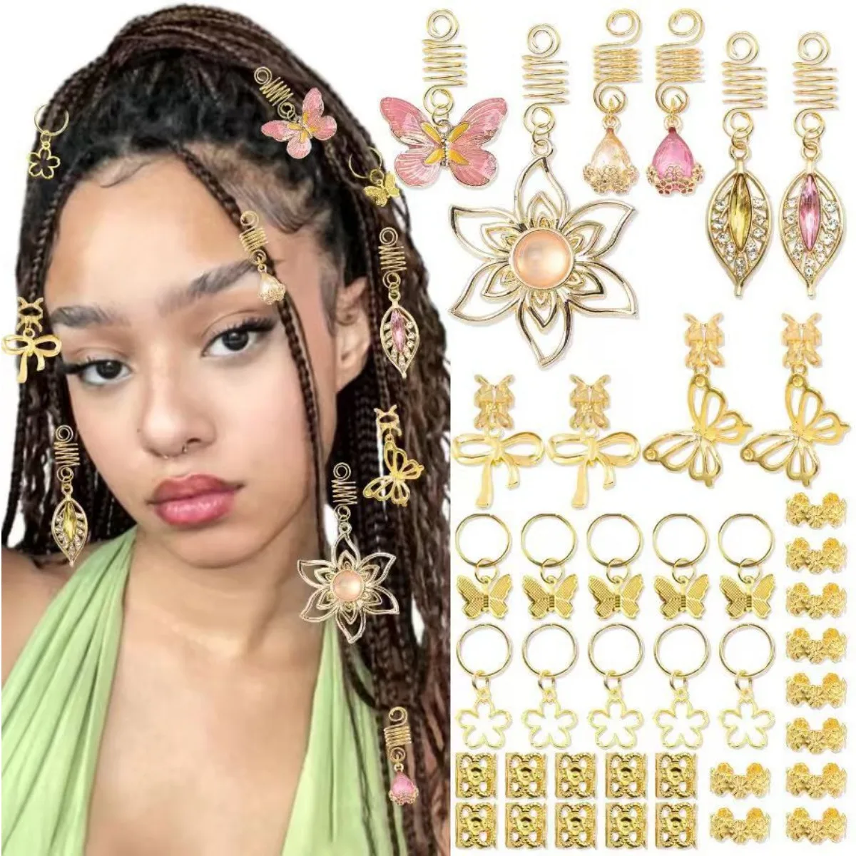 40PCS/bag Dreadlock Hair Rings with Gold & Pink Gemstone Pendants - Butterfly & Leaf Decor Hair Accessory Set