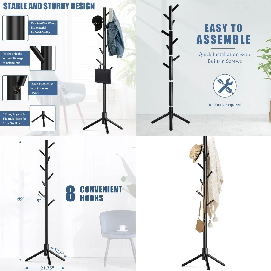 

Wooden Coat Rack Stand with 8 Hooks Made from New Zealand Pine for Entryway Hallway Bedroom Office Adjustable Height Easy Assem