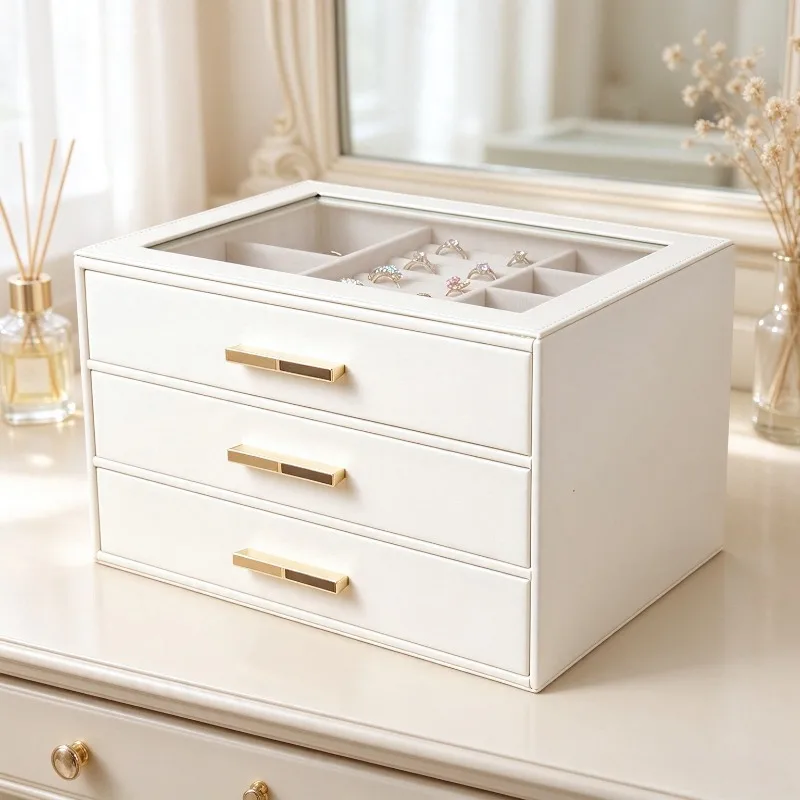 3-Layer Drawer Glass Top Jewelry Box, Necklace Earring Organizer Case, Elegant Gold Storage Chest, Luxury Trinket Holder