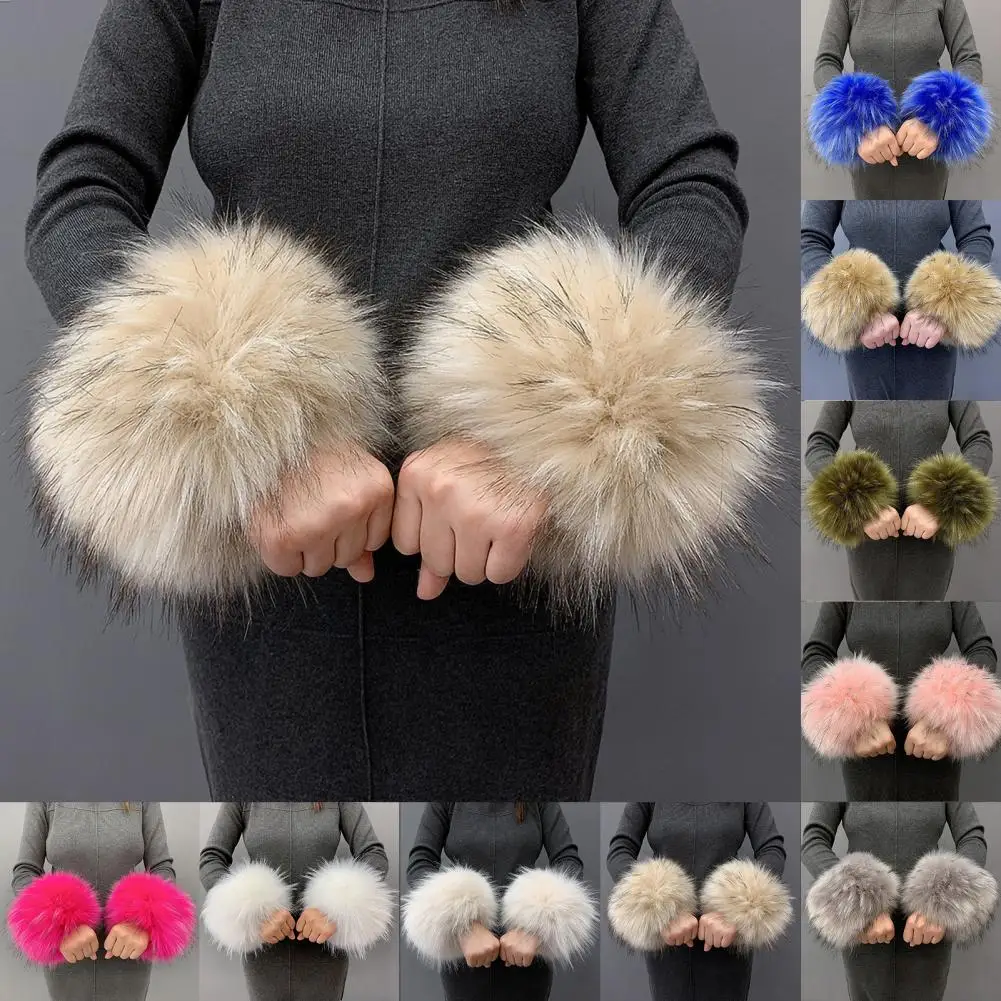 Women Cuffs Winter Warmer Fluffy Wristbands Pure Color Windproof Wrist Sleeve Fashion Faux Fur Female Elastic Oversleeve