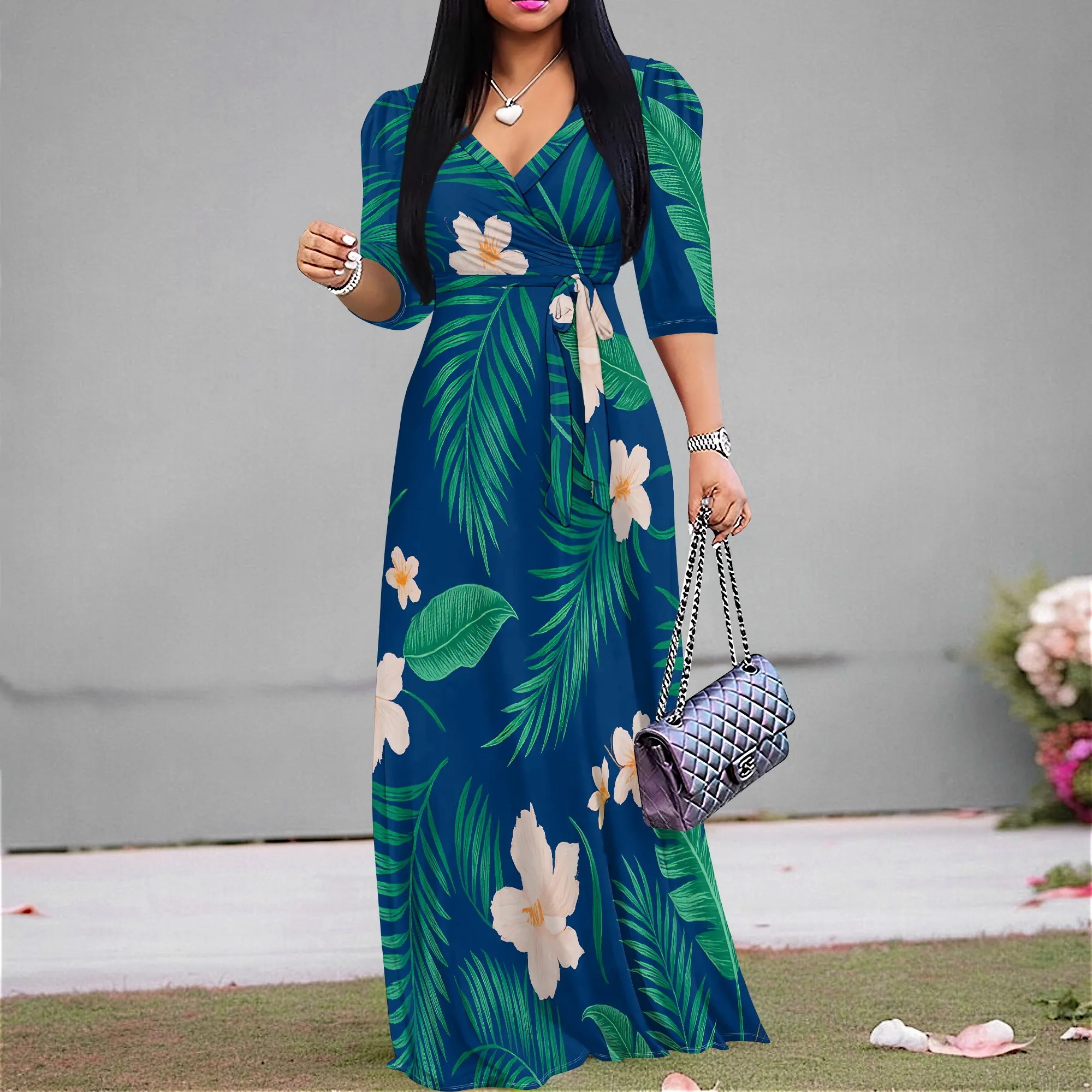 ผู้หญิง V คอ Maxi ชุด Ruffles 3/4 Sleeve ชุดเดรสดอกไม้งานแต่งงาน Sundress กับเข็มขัด