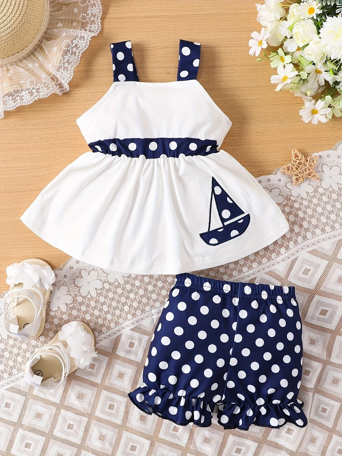 

Summer new white little girl suspender white skirt top polka dot shorts set
