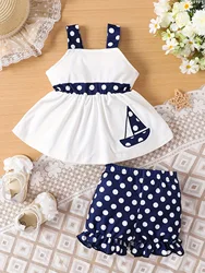 Summer new white little girl suspender white skirt top polka dot shorts set