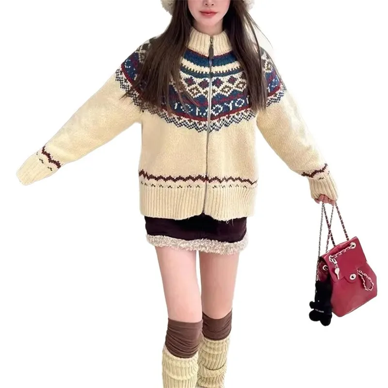 Sweater Women's Autumn and Winter Thick High Neck Knitted Cardigan Loose and Lazy Style College Style Jacket Women's Clothing