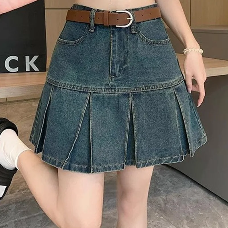 

Короткие платья в стиле Spicy Girl, уличная одежда, плиссированная юбка, джинсы, женское мини-джинсовое платье трапециевидной формы с высокой талией для ночного клуба в стиле ретро