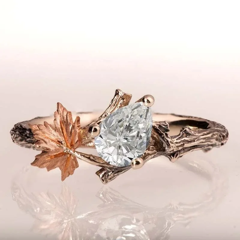 Huajie Classic Women\'s Maple Leaf Shaped Bright Zircon Inlay Elegant Rings Romantic Bride Wedding New Ring Jewelry Tide