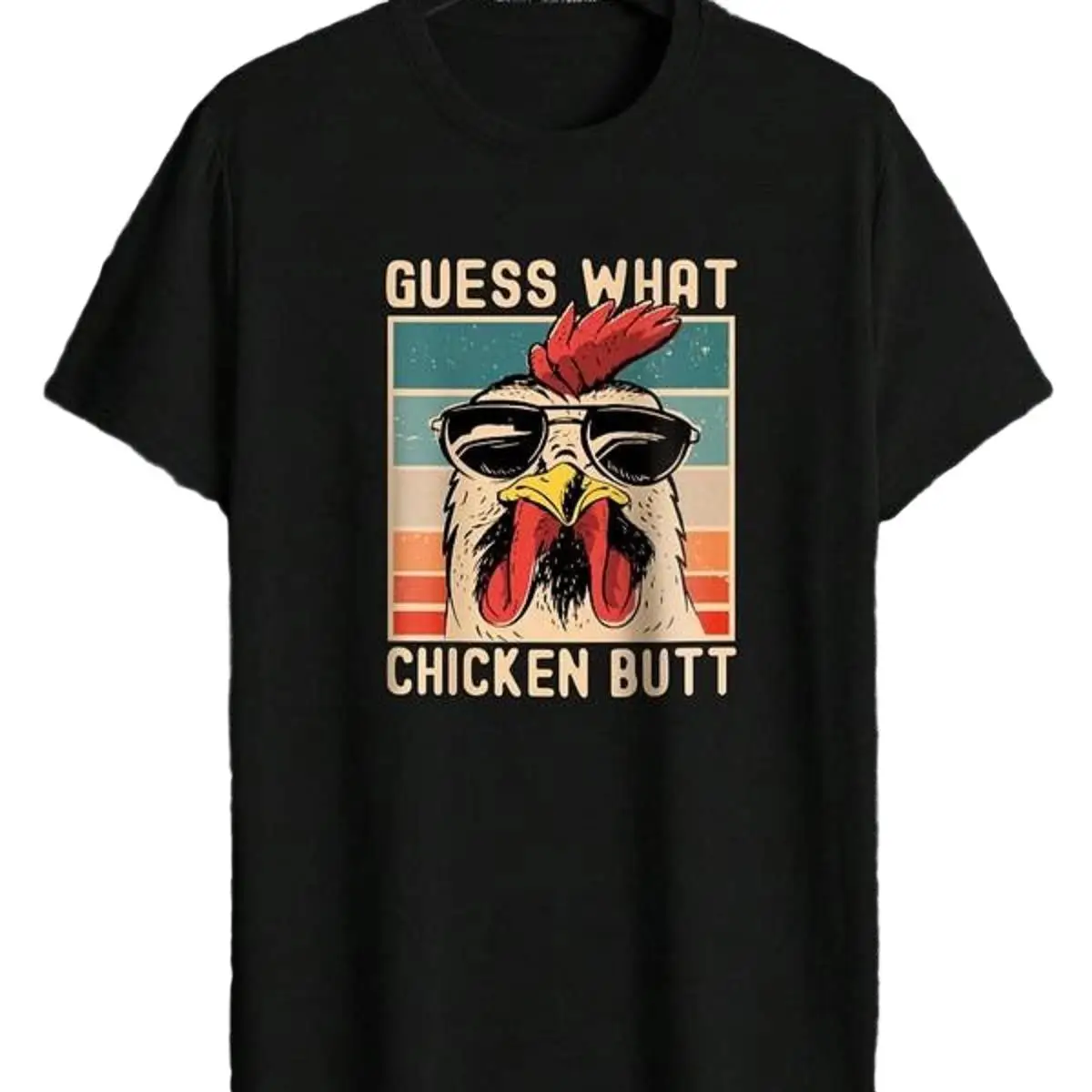 

Unisex Chicken Butt T-Shirt Funny Rooster Graphic Tee Guess What Humorous Farm Animal Print Retro Sunglasses Casual Top Gift