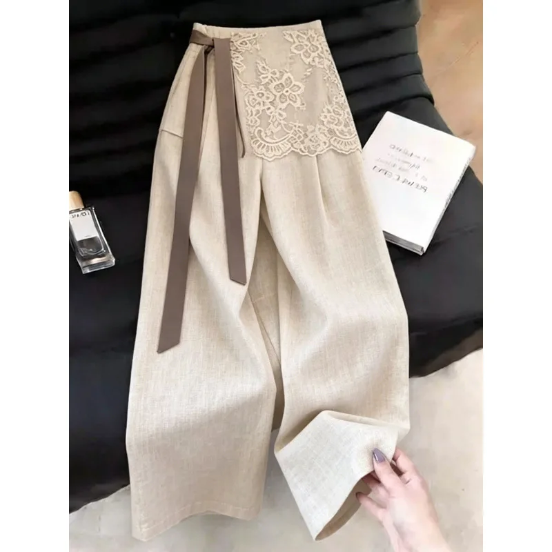 Harajuku Beige Linen Blend Wide Leg Pants High Waist Lace Patchwork Ribbon Belt Loose Trousers Women Elegant Chic Casual Bottom