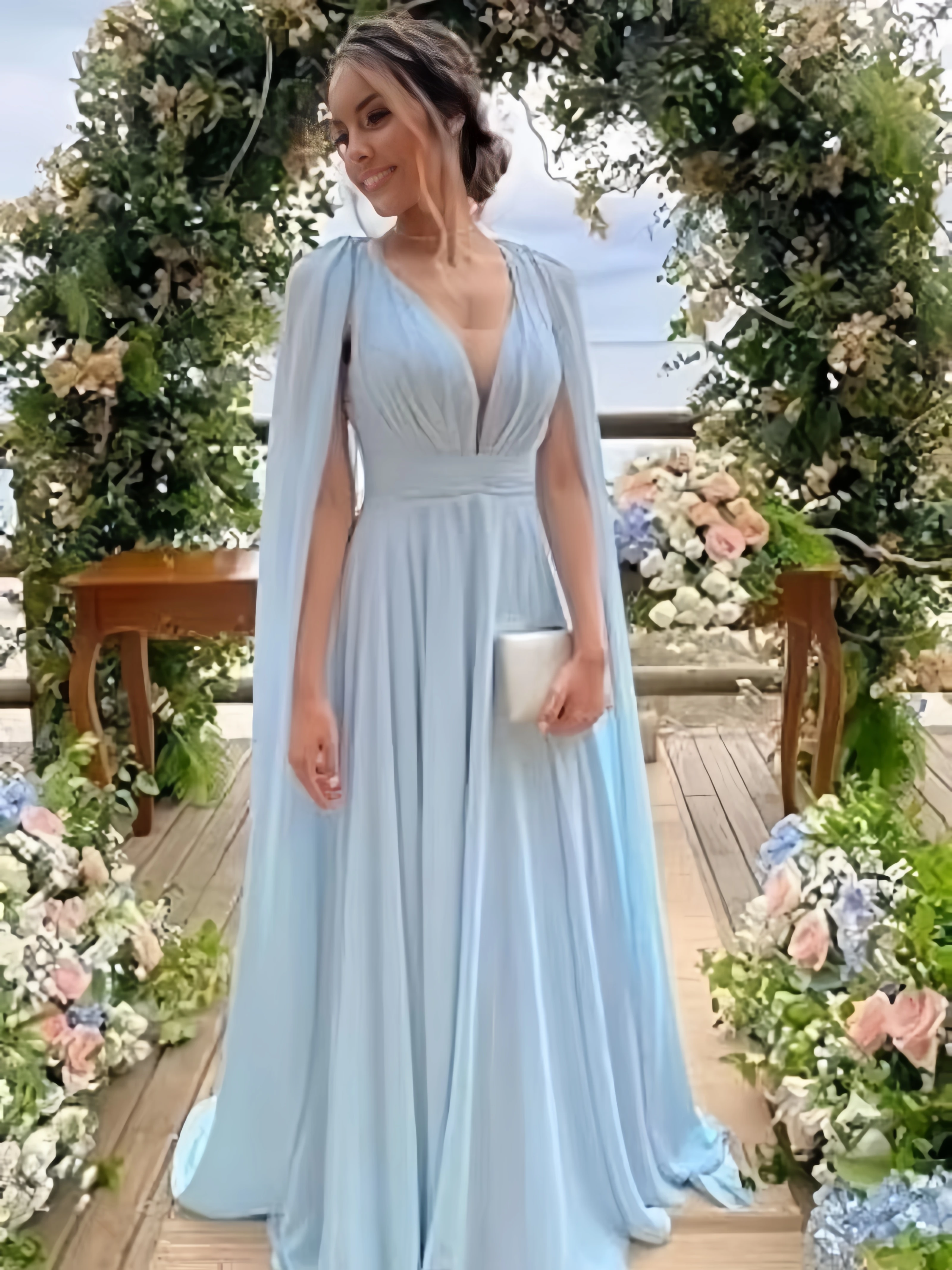 TSxuelian Floor Length Mother of Bride Women\'s Long Bridesmaid Dresses with Sleeves Pleated Chiffon V-Neck Formal Evening Dress