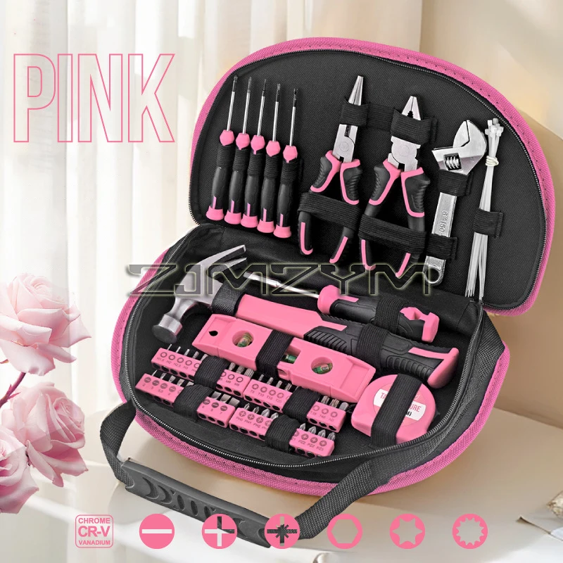 63 Piece Pink Women's Tool Set Wrenches, Screwdrivers Home Repair Tool Set Portable Storage Convenient for DIY Use