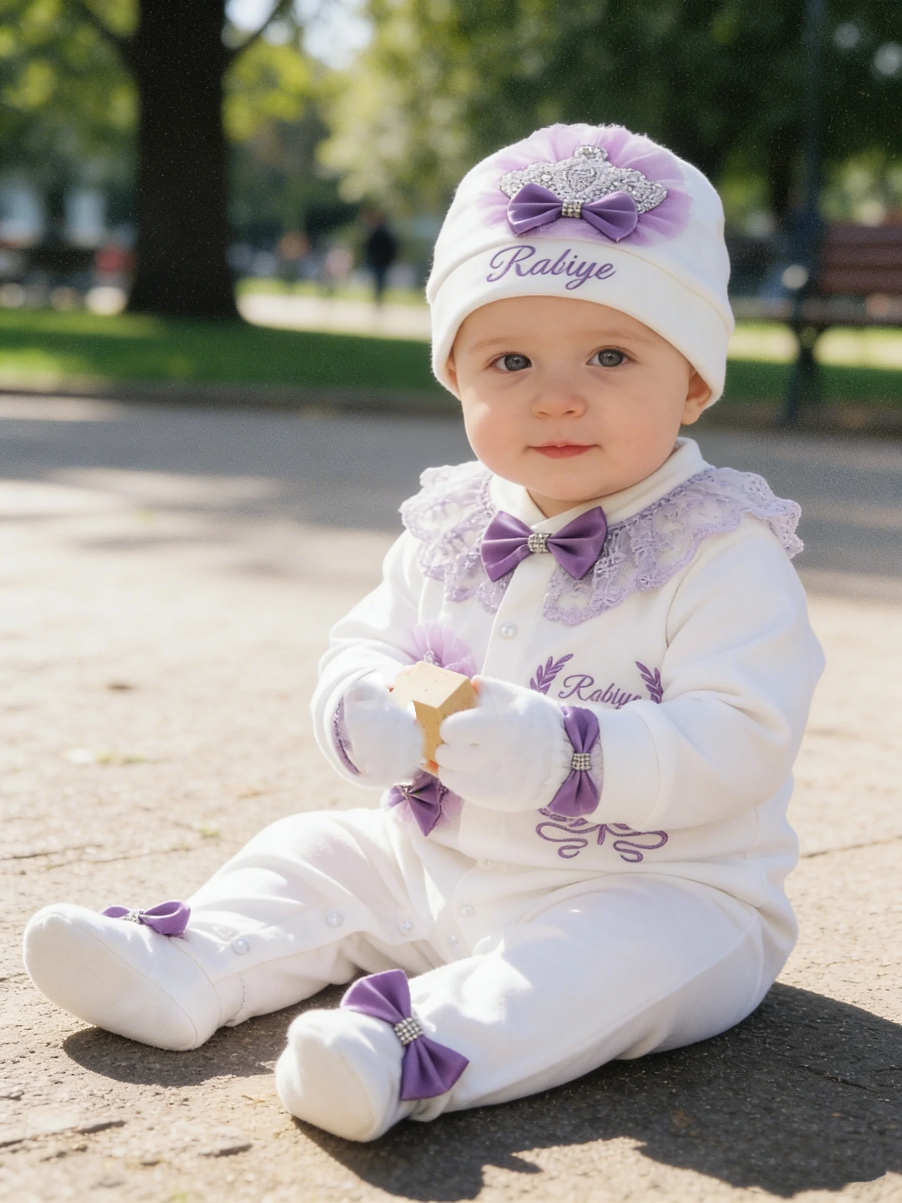 Luxury Baby Girl Purple Crown Set - Name Embroidery - Elegant for Baptism & Special Ceremonies