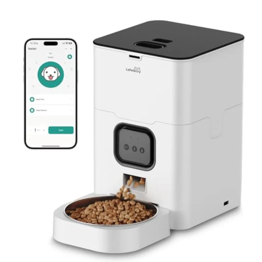 Automatic Cat Feeder for indoor use: 4L BPA-free plastic dispenser in white with APP control, freshness preservation, voice rec