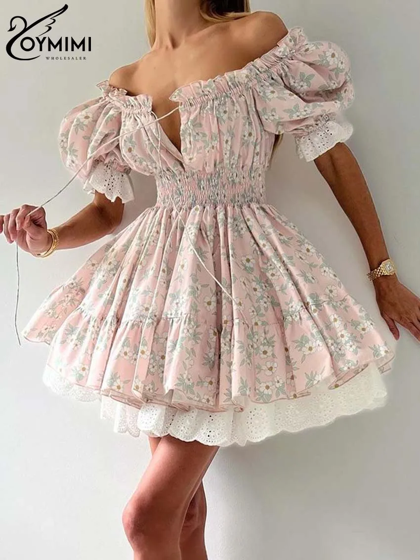 Oymimi Elegant Pink Print Dresses 2024 Women Fashion Strapless Patchwork Lace-Up Dresses Casual High Waist Pleated Mini Dress