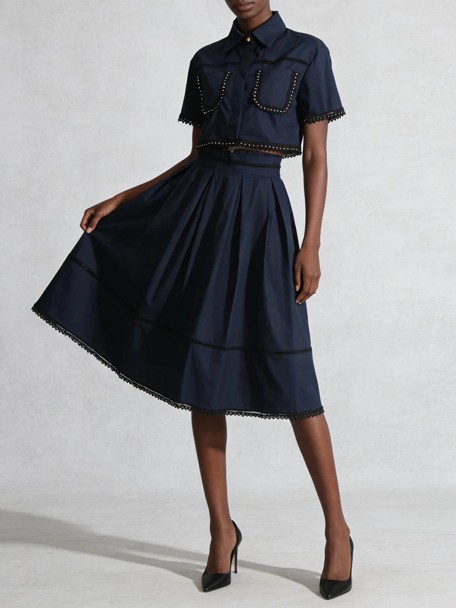 VGH Courtly Style Casual Vintage Two Piece Sets For Women Lapel Short Sleeve Top High Waist Skirt Spring Cute Set Female Fashion
