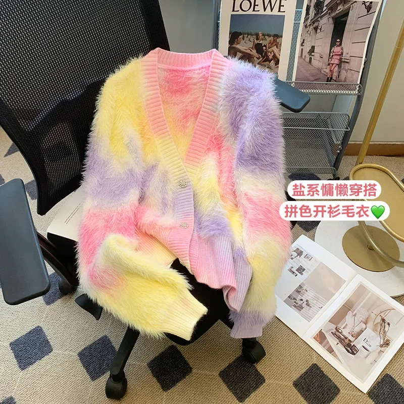 Sweet Colorful Furry V-neck Long-Sleeved Knitted Cardigan Sweater Women New Autumn and Winter Sweaters Casual Mink Sweater Coat