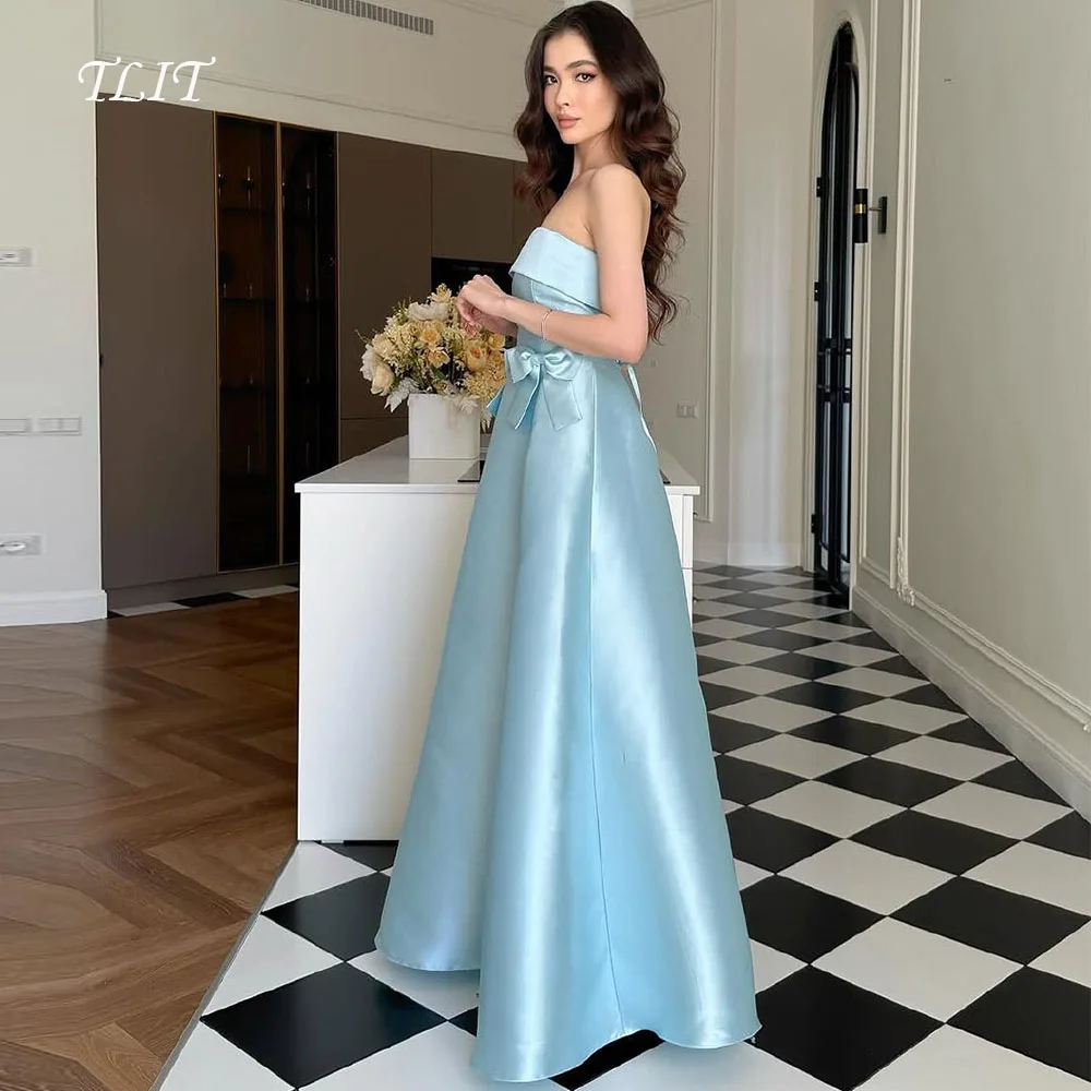 

TLIT Elegant Silk Satin A-Line Evening Dresses Customized Strapless Prom Gowns Sleeveless 3D Bow Formal Party Dresses
